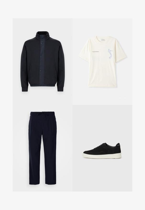 Dark blue jacket made of soft fabric, featuring a high collar, snap buttons, side pockets, and elasticated cuffs and hem.; White cotton t-shirt with short sleeves, featuring “United By Rhythm” text in black and blue graphic on the chest. Round neck design.; J.LINDEBERG JIN PLEATED - Trousers - navy; Black suede sneaker with lace-up design and contrasting white rubber sole. Features textured side panels and subtle branding on the heel.