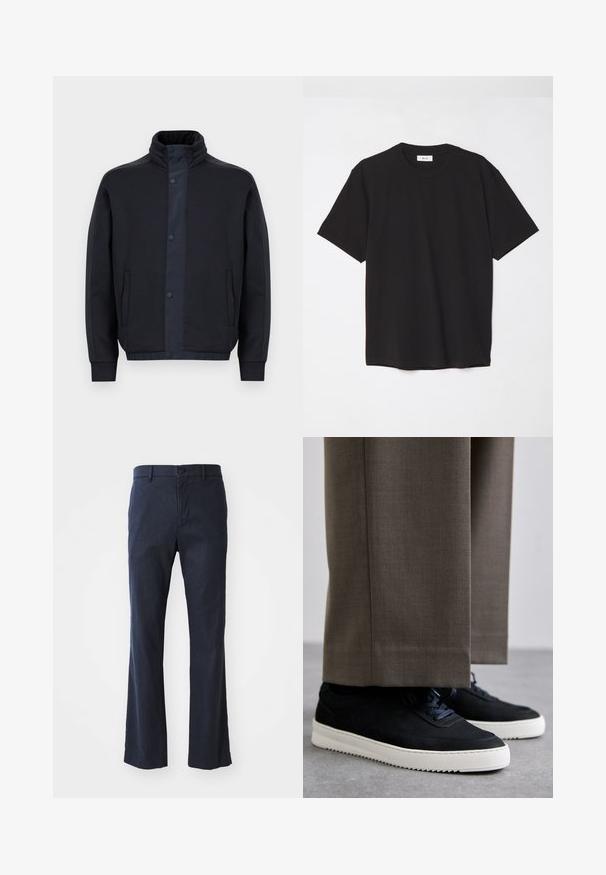 Mørkeblå jakke laget av myk stoff, med høy krage, trykknapper, sidelommer og elastiske mansjetter og kant.; Svart bomull T-skjorte med rund hals, korte ermer og avslappet passform. Enkel design, glatt tekstur, og ingen synlige mønstre eller logoer.; Marineblå, utsvingte bukser laget av lett stoff, med en enkelt knappelukking og frontlommer, samt en jevn tekstur.; Svarte suedeglans sneakers med hvite gummisåler, med rund tå og lisser, iført grå skreddersydde bukser.