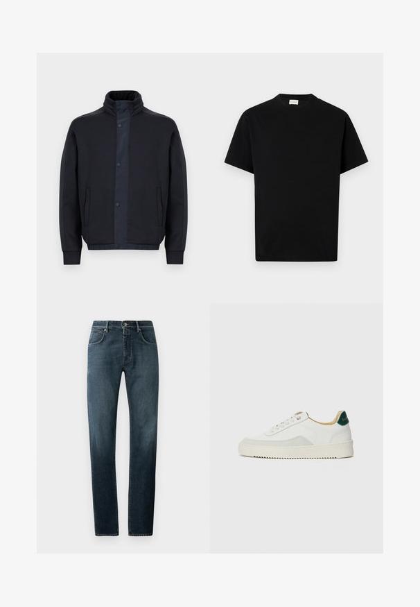 Sötétkék dzseki, puha anyagból készült, magas gallérral, nyomógombos záródással, oldalsó zsebekkel, valamint gumírozott mandzsettákkal és aljjal.; Fekete pamut póló kerek nyakkivágással, rövid ujjakkal és egyenes fazonnal. Nincsenek látható minták vagy fém részletek.; Sötét farmernadrág egyenes szabással, klasszikus öt zsebes kialakítással, kontrasztos varrással és finom elhalványult hatással a comboknál.; Fehér sneaker suédé részletekkel, kerek orral, lapos fűzőkkel és krémszínű gumitalppal. Zöld logó található a sarkán.