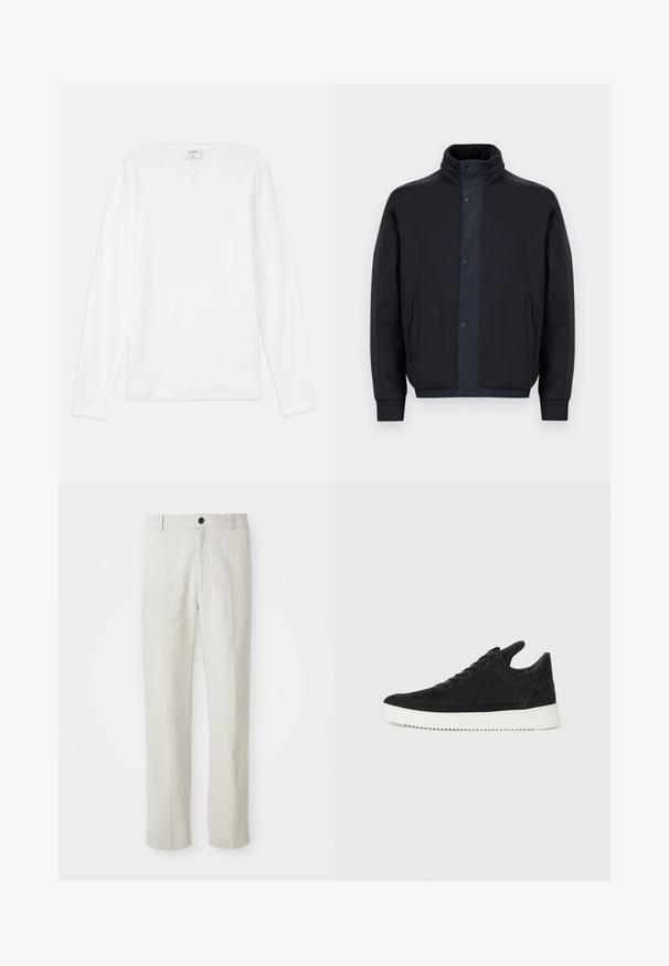 Tummansininen takki, joka on valmistettu pehmeästä kankaasta. Takissa on korkea kaulus, napitus, sivutaskut sekä joustavat hihansuut ja helma.; Valkoinen pitkähihaisena T-paitana, jossa on V-kaula-aukko, pehmeästä materiaalista valmistettu, rento leikkaus ja sivureiät liikkumisen helpottamiseksi.; Kangas beige suoraan lahkoinen, jossa on vyölenkit, etunappi dan zip-päällyste, esitetty tasaisesti valkoisella taustalla.; Mustat mokkasiinikenkiä valkoisella kumipohjalla, jossa on sävy sävyyn ompelu ja nauhakiinnitys. Sujuva pinta ja moderni, virtaviivainen muoto.