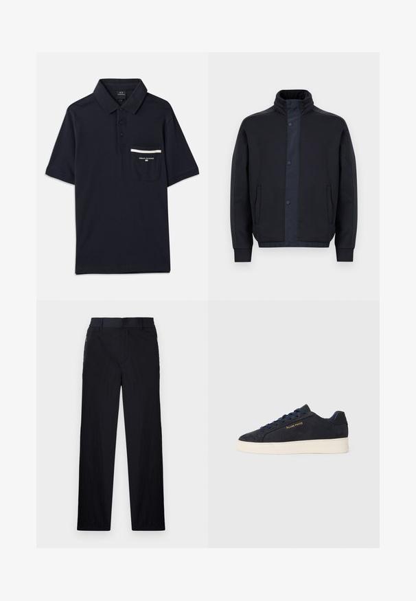 Sötétkék dzseki, puha anyagból készült, magas gallérral, nyomógombos záródással, oldalsó zsebekkel, valamint gumírozott mandzsettákkal és aljjal.; Tengerészeti polo póló pamutból, három gombos gallérral, rövid ujjal és fehér csíkos részlettel ellátott zsebbel.; Fekete nadrág könnyű, textúrált anyagból, egyenes szárú kialakítással, rugalmas derékpánttal és oldalsó cipzáras zsebekkel.; Sötétkék velúr, alacsony szárú teniszcipő fehér talppal, sötétkék fűzőkkel és arany színű "Filling Pieces" logóval az oldalán.