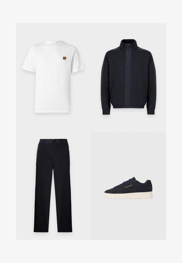 Casaco azul escuro feito de um tecido macio, com um colarinho alto, botões de pressão, bolsos laterais e punhos e bainha elásticos.; T-shirt de algodão branco com mangas curtas e decote redondo. Apresenta uma pequena cabeça de raposa bordada na área do lado esquerdo do peito.; Calças pretas com um tecido leve e texturizado, design de pernas retas, cintura elástica e bolsos laterais com fecho.; Sapatilhas baixas em camurça azul-marinho com sola branca, atacadores azuis-marinho e o logótipo "Filling Pieces" em dourado na lateral.