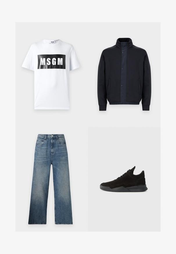 Temno modra jakna iz mehkega materiala, z visokim ovratnikom, zatikalnimi gumbi, stranskimi žepi ter elastičnimi manšetami in robom.; Bela bombažna majica s kratkimi rokavi, ki ima velik črn pravokoten potisk z besedilom "MSGM" v debelih belih črkah. Okrugel izrez.; Modre široke kavbojke z visokim pasom, ki imajo subtilno bledenje, pet žepov in kovinsko zaponko spredaj.; Črne semiške superge z nizkim profilom, teksturiranim zgornjim delom, ravnimi vezalkami in trdnim gumijastim podplatom, ki ima rahlo peto in ukrivljen dizajn.