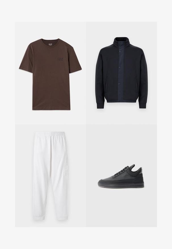 Tamsiai mėlynas švarkas, pagamintas iš minkštos medžiagos, su aukšta apykakle, snap mygtukais, šoninėmis kišenėmis bei elastiniais rankogaliais ir apačia.; Rudas medvilninis marškinėliai su trumpomis rankovėmis ir apvaliu iškirpimu. Ant krūtinės yra mažas juodas logotipas. Švelni tekstūra ir paprastas dizainas.; Balti siaurėjantys sportiniai keliai su elastingu juosmeniu ir aptrauktomis kulkšnimis. Kairiajame šlaunyje yra tekstūruotas logotipo detalė. Minkšta medžiaga.; Juodos odinės sportbačiai su tekstūruotu paviršiumi, su raišteliais, žemu kraštu ir pilku guminio pado kraštu su grioveliais.