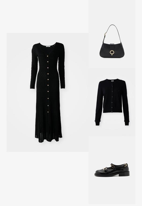 Juodas megztinis su ilgomis rankovėmis, apvaliu kaklu, priekiniais mygtukais, juostelėmis ant rankogalių ir šiek tiek sutrumpintu apdailos kraštu. Minkšta tekstūra, minimalus detalizavimas.; Juoda megzta maksi suknelė su ilgomis rankovėmis, V formos iškirpte, mygtukų priekyje, raštuota tekstūra, deimanto raštas ir dvi priekinės kišenės. Auksiniai mygtukų akcentai.; Juodi odiniai batai su brogučių detalėmis, turintys dvi sagtis, apvalų nosį ir žemą kulną. Lygus paviršius su blizgiu finišu.; Juoda odinė rankinė su kreiva siluetu, trumpa rankena, centriniu auksinės spalvos apdailos elementu ir lygiomis tekstūromis. Nėra matomų raštų ar akcentų.