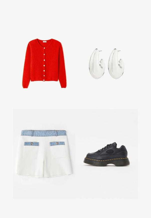 Rode, gebreide cardigan van zacht materiaal, met een ronde halslijn, lange mouwen en witte knopen aan de voorkant.; Twee getailleerde tanktops in zwart en wit. Gemaakt van geribbelde katoen, ze hebben brede schouderbanden en afgeronde halslijnen. Merken op de kraag.; Maje IRSALA - Shorts - ecru; Zwarte leren sneaker met een gestructureerde afwerking, ronde neus en een dikke platformzool. Bevat gele accentstiksels en een merklogo aan de zijkant.; Zilverkleurige oorbellen met een verlengd, rond ontwerp. Glad, reflecterend oppervlak met een geperforeerde stekker.