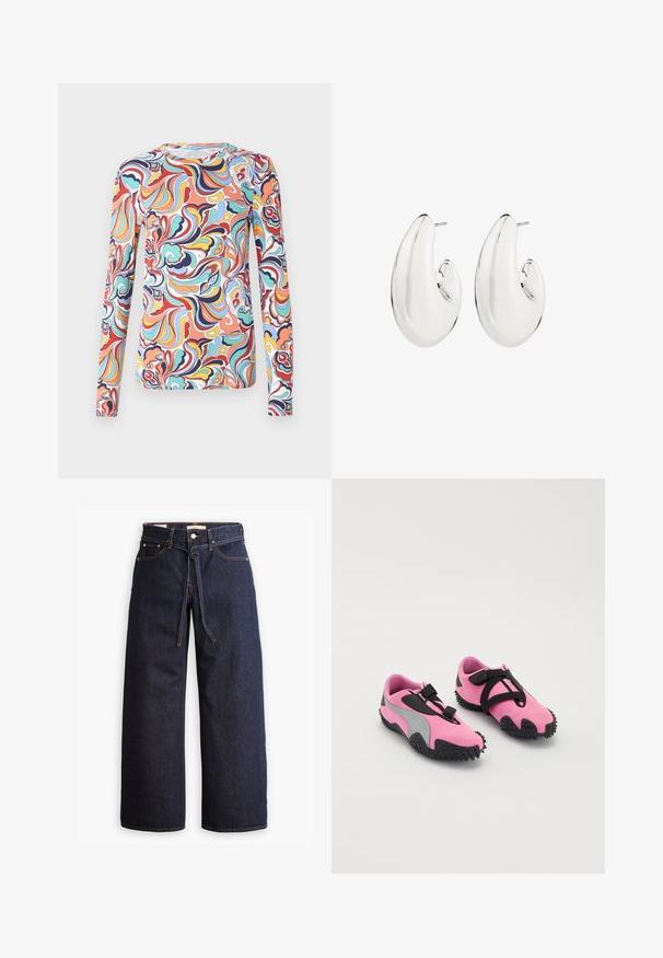 Červený pletený kardigán vyrobený z mäkkého materiálu, s okrúhlym výstrihom, dlhými rukávmi a bielymi gombíkmi na prednej strane.; Farebná dlhá rukávová košeľa s vírivým abstraktným vzorom. Má okrúhly výstrih a elastický materiál v jasných farbách, ako sú červená a tyrkysová.; Široké tmavomodré denimové džínsy s vysokým pásom, so šnúrkou na sťahovanie, piatimi vreckami a kontrastným prešívaním.; Ružové športové topánky s textúrovaným textilným zvrškom, so sivými akcentmi a gumovou podrážkou s hrotmi pre lepšiu trakciu. Čierne popruhy zabezpečujú dobré upevnenie.; Náušnice striebornej farby s predĺženým, zakriveným dizajnom. Hladký, odrážajúci povrch s prešitou zarážkou.