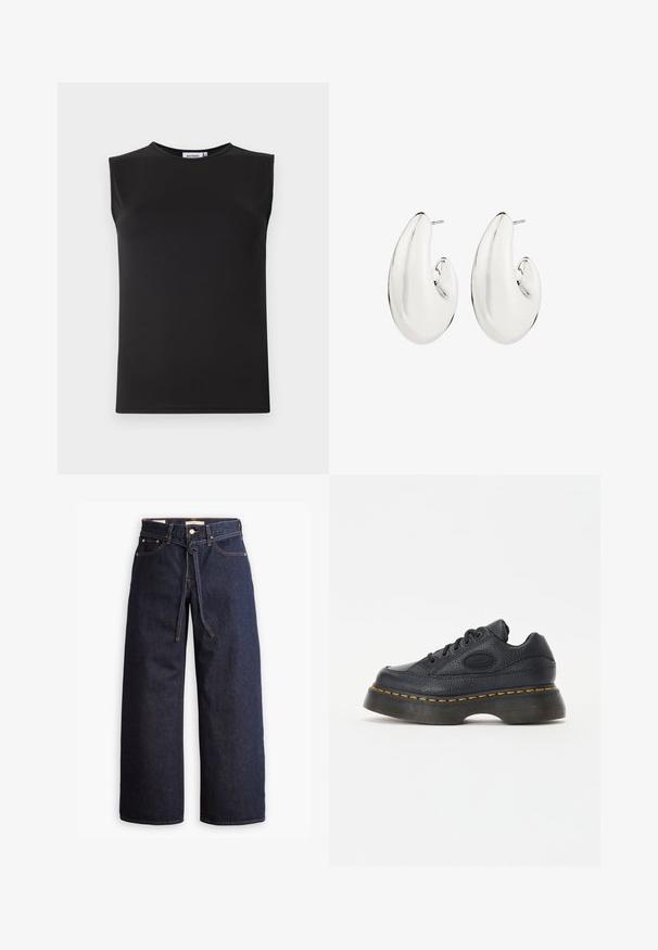 Punainen, neulottu villatakki, joka on valmistettu pehmeästä materiaalista. Siinä on pyöreä kaula-aukko, pitkät hihat ja valkoiset napit edessä.; Musta hihaton toppi sileästä, venyvästä kankaasta. Ominaisuuksiin kuuluu pyöreä pääntie ja vartalonmyötäinen siluetti. Ei näkyviä kuvioita tai yksityiskohtia.; Korkeavyötäröiset tummansiniset leveälahkeiset farkut, joissa on narunauhakuja, viisi taskua ja kontrastiväriset ompeluseikat.; Musta nahkakengät, joissa on teksturoitu pinta, pyöreä kärki ja paksu pohja. Sisältää keltaista korostustikkausta ja merkkilogon sivussa.; Korvansävyiset korvakorut, joissa on pitkulainen, kaareva muotoilu. Sileä, heijastava pinta ja lävistetty takakappale.