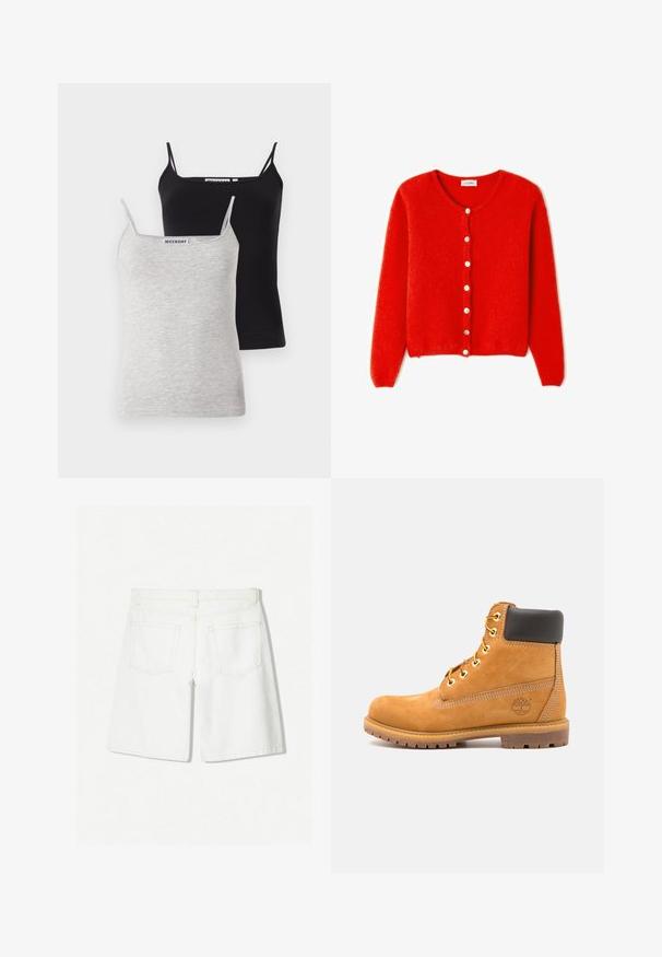 Crvena, pletena jakna od mekanog materijala, s okruglim izrezom, dugim rukavima i bijelim gumbima sprijeda.; Dva topa s naramenicama: jedan crni i jedan svijetlosivi, napravljeni od mekanog pamuka. Svaki ima tanke naramenice i izrez u obliku srpa, s jednostavnim dizajnom.; Bijele traperice kratke hlače s ravnim krojem, s visokim strukom, dva stražnja džepa i suptilnim detaljem šivanja.; Smeđe kožne gležnjače s crnim podstavama, zlatnim umetkom i teksturiranim potplatom. Imaju kružni logo sa strane i šavove kao naglaske.