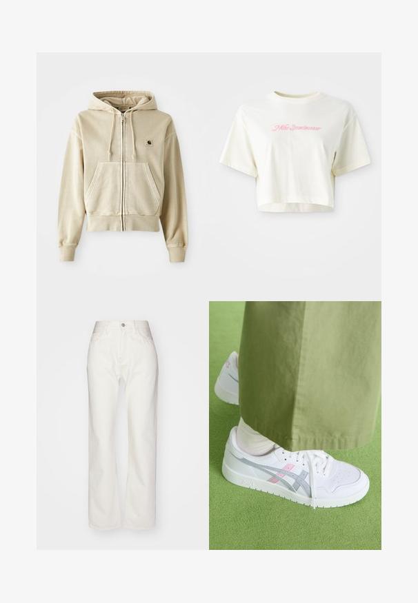 Khaki zip-up hoodie made of soft cotton with a front kangaroo pocket, drawstring hood, and ribbed cuffs and hem. Carhartt logo on chest.; Cropped, cream-colored t-shirt made of cotton. Features a pink embroidered logo that reads "Nike Sportwear." Short sleeves and a round neckline.; White denim trousers with a high waist and wide-leg fit. Features a button and zipper closure, belt loops, and subtle stitching details.; White sneakers with gray and pink accents, featuring a smooth leather upper, perforated toe box, and flat white sole, paired with olive green pants.