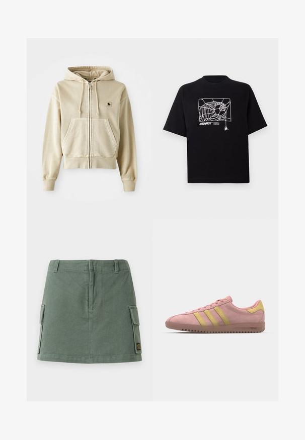 Khaki zip-up hoodie made of soft cotton with a front kangaroo pocket, drawstring hood, and ribbed cuffs and hem. Carhartt logo on chest.; Black T-shirt made of cotton with short sleeves. Features a white spider web graphic and logo on the front. Simple rounded neckline.; Green denim skirt with a fitted waistband, two side pockets, and a patch on the lower right. Smooth texture with a subtle sheen.; Pink suede sneaker with three yellow stripes, rounded toe, and textured rubber sole. Low profile design with a cushioned collar.
