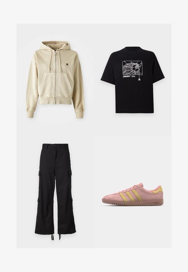 Khaki zip-up hoodie made of soft cotton with a front kangaroo pocket, drawstring hood, and ribbed cuffs and hem. Carhartt logo on chest.; Black T-shirt made of cotton with short sleeves. Features a white spider web graphic and logo on the front. Simple rounded neckline.; Black cargo pants made of sturdy fabric, featuring side pockets, a button closure, wide leg design, and adjustable drawstrings at the hem.; Pink suede sneaker with three yellow stripes, rounded toe, and textured rubber sole. Low profile design with a cushioned collar.