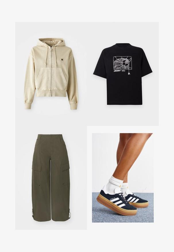 Kaki zip-up hoodie, izdelan iz mehkega bombaža, z sprednjim kenguru žepom, kapuco na vrvico in rebrastimi manšetami ter robom. Carhartt logo na prsih.; Črn T-majica iz bombaža s kratkimi rokavi. Na sprednji strani ima belo grafiko pajkove mreže in logo. Preprost okrogli izrez.; Cargo hlače v olivno zeleni tkanini z udobnim krojem. Imajo velike stranske žepe, gumb zapiranje in nastavljive robove.; Črni antilop superge z belimi črtami in poudarki, okrogel prst, gumijasti podplat, kombinirane z belimi rebrastimi nogavicami.