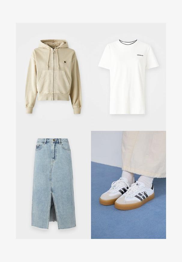 Khaki zipová mikina s kapucí vyrobená z měkké bavlny, s přední klokaní kapsou, šňůrkou na kapuci a elastickými manžetami a spodním lemem. Logo Carhartt na hrudi.; Bílý bavlněný tričko s krátkými rukávy a kulatým výstřihem. Má černé logo Adidas na hrudi a kontrastní černý vnitřní límeček.; Denimová sukně v světle modré barvě s předním rozparkem, s třepeným lemem, pěti kapsami a knoflíkovým zapínáním na pase. Klasický rovný střih.; Bílé tenisky s černými pruhy a béžovými semišovými akcenty. Mají texturovanou gumovou podrážku a ploché bílé tkaničky, nošeny s světlými ponožkami.