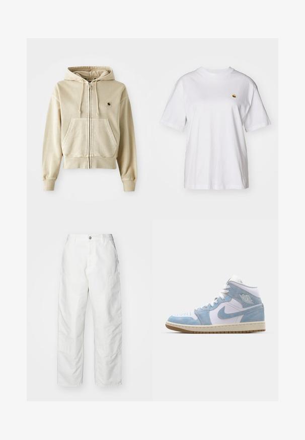 Khaki színű, cipzáros kapucnis pulóver puha pamutból készült, elülső kenguru zsebbel, húzózsinórral ellátott kapucnival és bordás mandzsettákkal és alsó résszel. Carhartt logó a mellkason.; Fehér pamut póló laza szabással, rövid ujjakkal és egy kis hímzett logóval a bal mellrészén.; Fehér kantáros nadrág denim anyagból, laza szabással, oldalsó zsebekkel és látható varrási részletekkel. Egyszerű elülső rész gombos záródással.; Jordan AIR JORDAN 1 MID SE - Magas szárú sneakerek - white/worn blue/sail/light brown