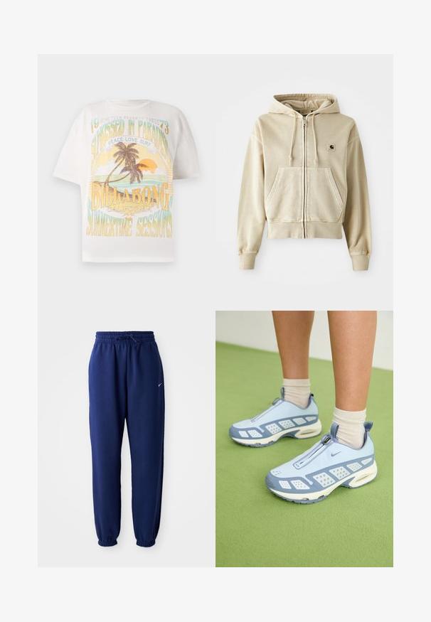 Khaki zipová mikina s kapucí vyrobená z měkké bavlny, s přední klokaní kapsou, šňůrkou na kapuci a elastickými manžetami a spodním lemem. Logo Carhartt na hrudi.; Bílý bavlněný tričko s barevným grafickým potiskem s palmami, sluncem a textem: "OPÁLENÝ V RÁJI," "BILLABONG," a "LETNÍ SEZENÍ."; Tmavě modré tepláky vyrobené z měkké látky, se elastickým pasem se šňůrkou, elastickými manžetami a malým bílým logem.; Světlé modré sportovní boty s bílými akcenty, texturovanými panely a zipovým uzávěrem. Obsahují viditelnou vzduchovou výplň v podrážce a gumovou podešev.