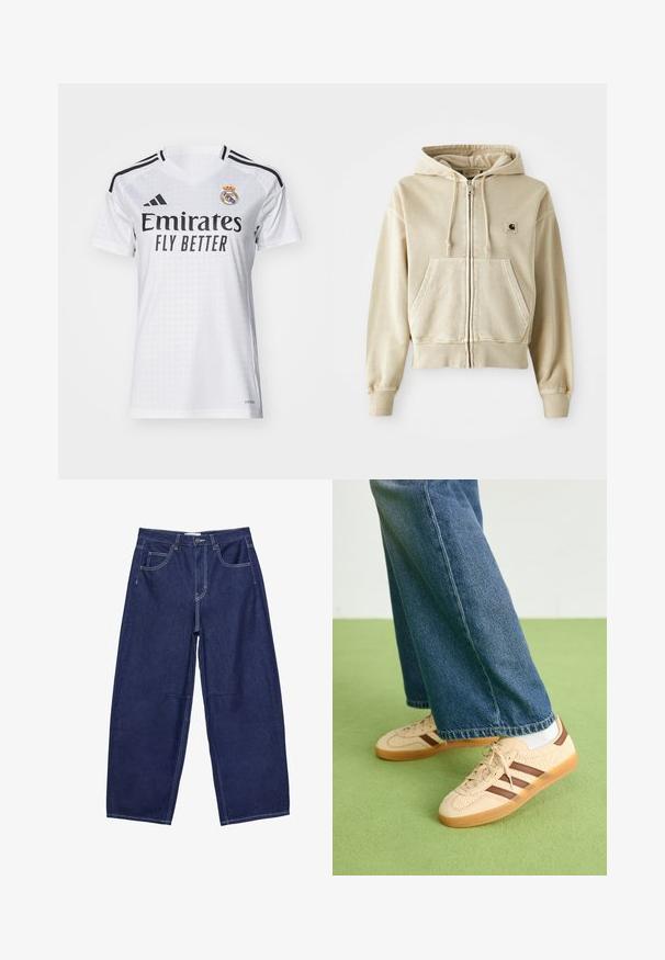 Vaaleanvihreä vetoketjuhuppari pehmeää puuvillaa, jossa on edessä kangaroo-tasku, naruilla säädettävä huppu sekä ribbireunukset hihansuissa ja helmassa. Rintataskussa Carhartt-logo.; adidas Performance REAL H JSY W - Jalkapallopaita - white; Tummansiniset farkkuisot, joissa on leveät lahkeet ja korkea vyötärö, viisi taskua sekä kontrastivalkoinen ompelu. Suora pinta, klassinen muotoilu.; Beige lenkkarit, joissa on tekstuuriset kerma-paneelit ja ruskeat raidat, yhdistettynä sinisiin farkkuihin. Farkut ovat leveät ja niissä on repaleinen helma.