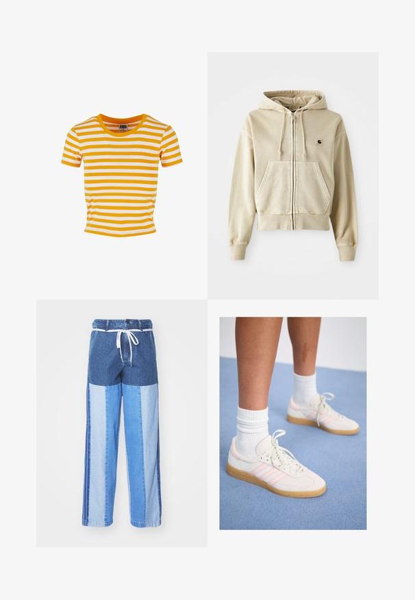 Khaki zip-up hoodie made of soft cotton with a front kangaroo pocket, drawstring hood, and ribbed cuffs and hem. Carhartt logo on chest.; Yellow and white striped short-sleeve t-shirt with a round neckline and a fitted design, made from a soft, lightweight fabric.; Blue denim pants featuring a patchwork design with varying shades of blue, a drawstring waist, and loose, straight-cut legs.; White and pink suede sneakers with three pink stripes, light tan rubber outsole, and white ribbed socks. Positioned on blue carpet.