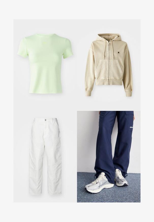 Khaki rits-hoodie van zacht katoen met een voorzak in kangoeroestijl, een capuchon met trekkoord en ribgebreide manchetten en onderrand. Carhartt-logo op de borst.; Lichtgroene, strakke t-shirt gemaakt van zachte stof, met een ronde halslijn en korte mouwen, voorzien van een klein Nike-logo in neon groen.; Witte cargobroek van denim, met een relaxte pasvorm, zijzakken en zichtbare stiksels. Eenvoudige voorkant met een knoopsluiting.; Nike hardloopschoenen met een zilveren mesh bovenkant, witte accenten en structuurzolen, gecombineerd met luchtige navy broeken.