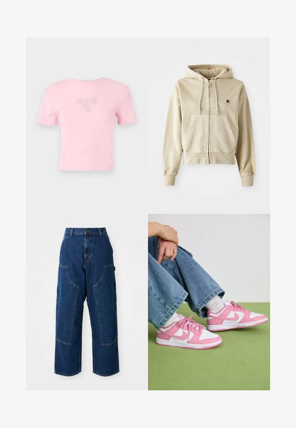 Kaki zip-up hettegenser laget av myk bomull med en frontlomme, snorhette og ribbede mansjetter og nederkant. Carhartt-logo på brystet.; Kortermet rosa bomull T-skjorte med en rhinestones-dekorert sløyfe-design på fronten. Rund hals, avslappet passform.; Mørke denim vide bukser med høj talje, med store forlommer og kontraststing. Stoffet har en let tekstur.; Rosa og hvite Nike-sneakers laget av lær og mesh-materialer, med kontrasterende design, rund tå og matchende rosa snøringer og detaljer.