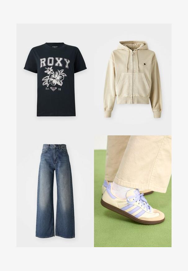 Maslinasti zip-up hoodie izrađen od mekanog pamuka, s prednjim kangaroo džepom, kapuljačom s povlačenjem i rebrastim manžetama i donjim dijelom. Carhartt logo na prsima.; Crna pamučna majica s natpisom "ROXY" u bijeloj boji, s cvjetnim uzorkom i simbolom srca. Kratki rukavi i opušteni kroj.; Plave traperice visokog struka širokih nogavica s prednjim gumbom i džepovima, izblijedjela tekstura na bedrima i ravni rub.; Kremasto-ljubičaste tenisice s tri pruge i strukturiranim smeškim potplatom, s vezicama i podstavljenim petom. Mekana gornja tkanina.