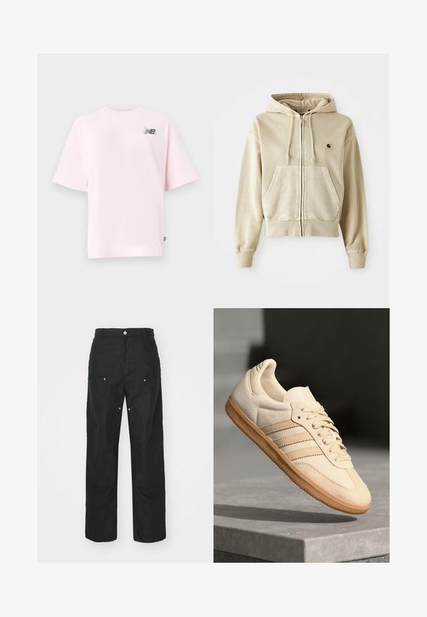 Khakifarbener Zip-Hoodie aus weicher Baumwolle mit einer vorderen Kängurutasche, verstellbarem Kapuzenschnürzug sowie gerippten Bündchen und Saum. Carhartt-Logo auf der Brust.; Kurzärmliges T-Shirt mit Rundhalsausschnitt aus hellrosaner Baumwolle, mit einem bunten New Balance-Logo auf der linken Brust. Reguläre Passform, weicher Stoff.; Schwarze Hose mit geradem Bein, aus einem strukturierten Stoff. Verfügt über dekorative silberne Hardware und einzigartige Nahtdetails.; Helle beigetöne Wildledersneaker mit Gumminsohle, drei schrägen Streifen und einer strukturierten Zehenkappe. Mit Logo auf der Zunge und der Seite.