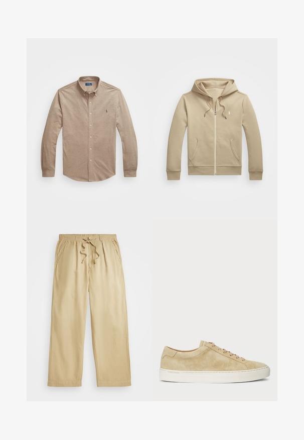 Polo Ralph Lauren FULL ZIP HOODIE - Jaka ar rāvējslēdzēju - classic khaki; Polo Ralph Lauren Big & Tall FEATHERWEIGHT MESH SHIRT - Krekls - adirondack heather; Bežīgas bikses ar savilktām auklām, elastīgu jostu, platām kājām, divām sānu kabatām un ar šūtām apmalēm. Mīksta, viegla auduma.; Bēša zamšāda sporta apavi ar zemu profilu, apaļu purngalu un bēšām auklām. Aprīkoti ar baltu gumijas zoli un diskrētu zīmolu apzīmējumu sānos.
