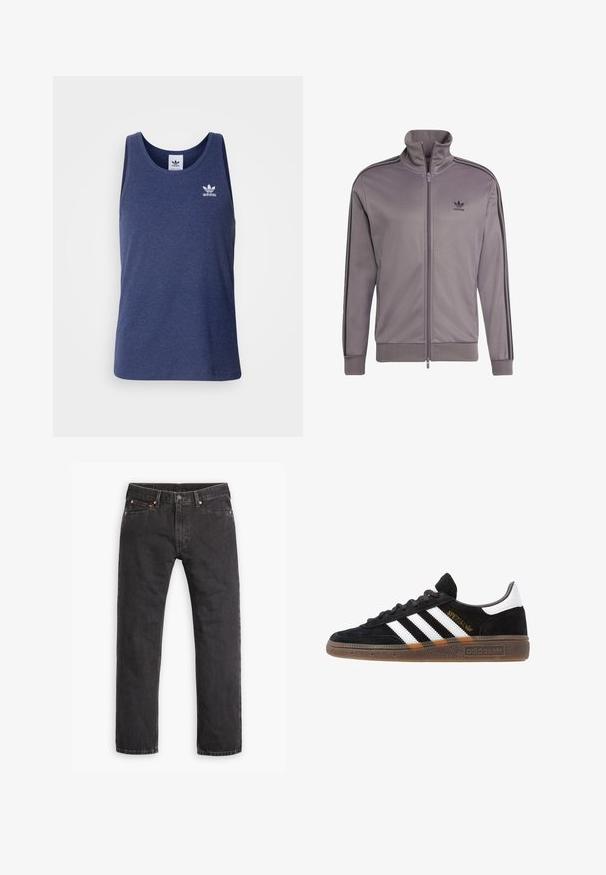 adidas Originals Lukuga pusa - grey strata   black; adidas Originals ESS TANK - Topp - night indigo; Mustad sirgedega teksased viie tasku, nööbiga kinnitamine ja vasknupud, laotatud tasasele valgele taustale.; Mustad must Adidas'i sneaker valgete triipudega, kuldse "Spezial" tekstiga, kummi tallaga ja valge kontsaga, kujutatud külgvaates.