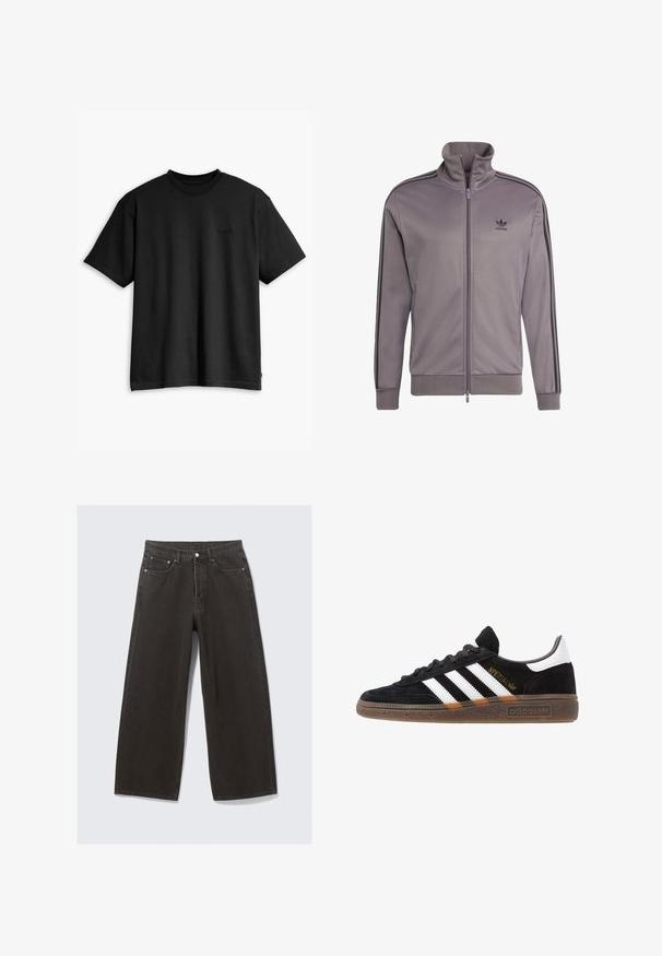 adidas Originals Camisola com fecho - grey strata   black; T-shirt preto de algodão com decote redondo e mangas curtas. Apresenta um logo discreto na parte da frente e uma barra reta. Design simples e minimalista.; Jeans pretos de perna larga feitos de denim. Apresentam um cós padrão, cinco bolsos e acessórios metálicos. Detalhes cosidos ao longo das costuras.; Sapatilha Adidas preta com riscas brancas, texto dourado "Spezial", sola de borracha e aba do calcanhar branca, apresentada em vista lateral.