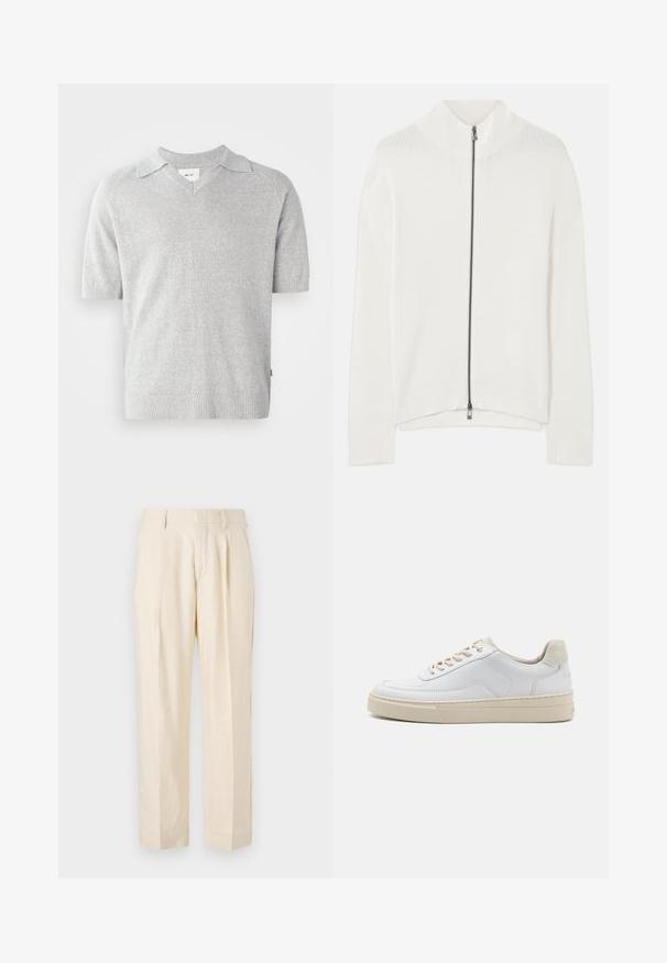 Biely rebrovaný pletený sveter s celoplošným predným zipsom a vysokým stojacím golierom, dlhými rukávmi a rovnom spodným lemom.; Šedá pletená polo tričko s krátkym rukávom a výstrihom do V, s jemnou textúrou a rebrovaným lemom a rukávmi. Značková nálepka viditeľná vo vnútri.; NN.07 KAY - Nohavice - off white; Biele tenisky s hladkým koženým zvrškom, béžovými šnúrkami a textúrovaným béžovým semišovým pätovým panelom. Zvýšená podrážka pre väčšiu výšku.