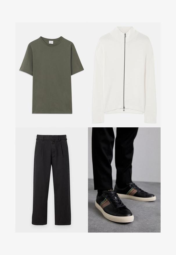 Biely rebrovaný pletený sveter s celoplošným predným zipsom a vysokým stojacím golierom, dlhými rukávmi a rovnom spodným lemom.; Jednoduché tmavozelené tričko s krátkym rukávom a okrúhlym výstrihom, s malou bielou značkovou nášivkou na zadnej strane krku.; Čierne bavlnené nohavice rovného strihu s plisovaným predným dielom, pútkami na opasok a zapínaním na gombík. Hladká textúra bez vzorov.; Čierne kožené tenisky s multicolor pruhovanými akcentmi, okrúhlou špičkou a bielymi gumovými podrážkami, s šnurovacím dizajnom a embosovanou značkou.