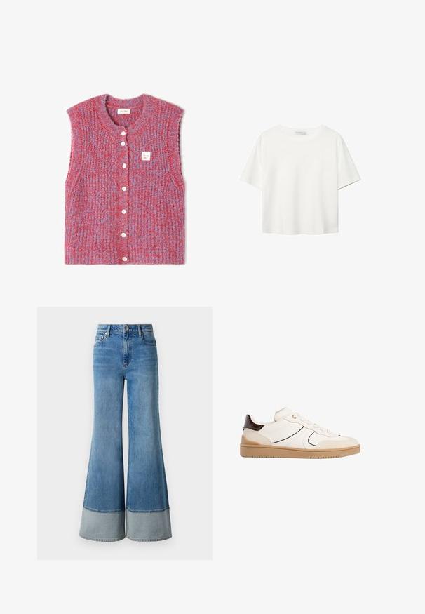 Neuleliivi ilman hihoja punaisissa ja sinisissä sävyissä, jossa on pyöreä kaula-aukko, valkoiset napit ja pieni brändätty etiketti edessä.; Valkoinen lyhythihainen T-paita, joka on tehty puuvillasta. Siinä on pyöreä kaula-aukko ja rento malli. Silkkinen pinta ilman näkyviä kuvioita tai koristeita.; Vaaleansiniset leveälahkeiset farkut, joissa on korkea vyötärö. Lahkeissa on kontrastivärinen denimkäänne, klassinen viisi-taskumalli ja metallinappikiinnitys.; Stradivarius Matalavartiset tennarit - white