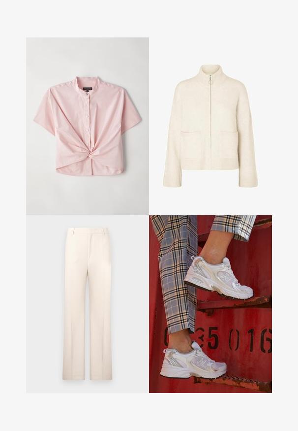 Skraćeni krem pulover s visokim ovratnikom, prednjim patentnim zatvaračem i dva prednja džepa. Izrađen od mekog, pletenog materijala s rebrastim detaljima.; Košulja kratkih rukava, ružičaste boje, s gumbima, koja ima ovratnik i uvijeni detalj sprijeda, izrađena od glatke mješavine pamuka.; Bež hlače s ravnim nogavicama, izrađene od lagane tkanine. Imaju prednje nabore i klasičan pojas.; Bijele mrežaste tenisice sa srebrnim akcentima i teksturiranom potplatom, postavljene na crvenu površinu, u kombinaciji s kariranim hlačama.