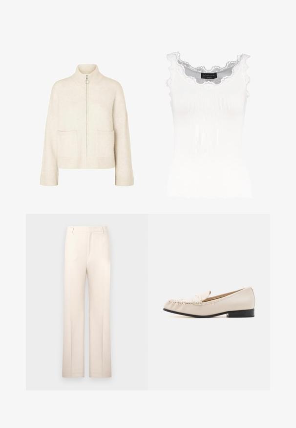 Korte kremfarger genser med høy krage, glidelås foran og to lommer foran. Laget av mykt, strikket stoff med ribbede detaljer.; Hvit ribbete tank topp med blondedetaljer på halsen og ermene. Har en myk tekstur og en tettsittende fasong. Merket er synlig på innsiden.; Beige skreddersydde bukser med rette ben, laget av lett stoff. Har frontfolder og en klassisk midje.; MICHAEL Michael Kors CARLSON LOAFER - Slippers - light cream