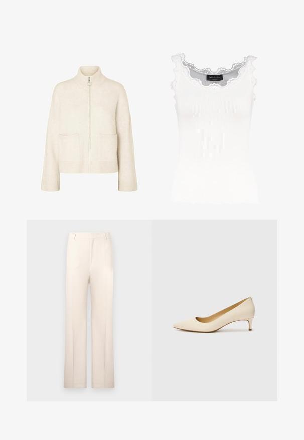 Cropped crèmekleurige sweater met een hoge kraag, rits aan de voorkant en twee voorzakken. Gemaakt van zacht, gebreid materiaal met geribbelde accenten.; Witte geribbelde tanktop met kantafwerking op de halslijn en mouwen. Het heeft een zachte textuur en een fitted vorm. Merklabel zichtbaar aan de binnenkant.; Beige pantalon met een rechte pijp, gemaakt van lichtgewicht stof. Bevat voorplooien en een klassieke tailleband.; Beige puntige pumps gemaakt van soepel synthetisch materiaal, met een lage hak en een instapontwerp met een subtiele achterdetail.