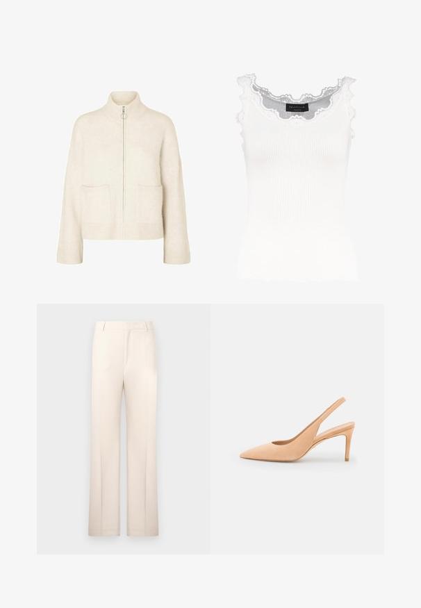 Beskuren krämfärgad tröja med hög krage, framdragkedja och två framfickor. Tillverkad av mjukt stickat tyg med ribbade detaljer.; Vit ribbad linne med spetsdetaljer vid halsringningen och ärmarna. Har en mjuk textur och en figurnära passform. Märkessymbol synlig inuti.; Beige skräddarsydda byxor med rak bendesign, tillverkade av lättviktsmaterial. Har framfickor och en klassisk midja.; Stuart Weitzman STUART SLINGBACK - Pumps - adobe