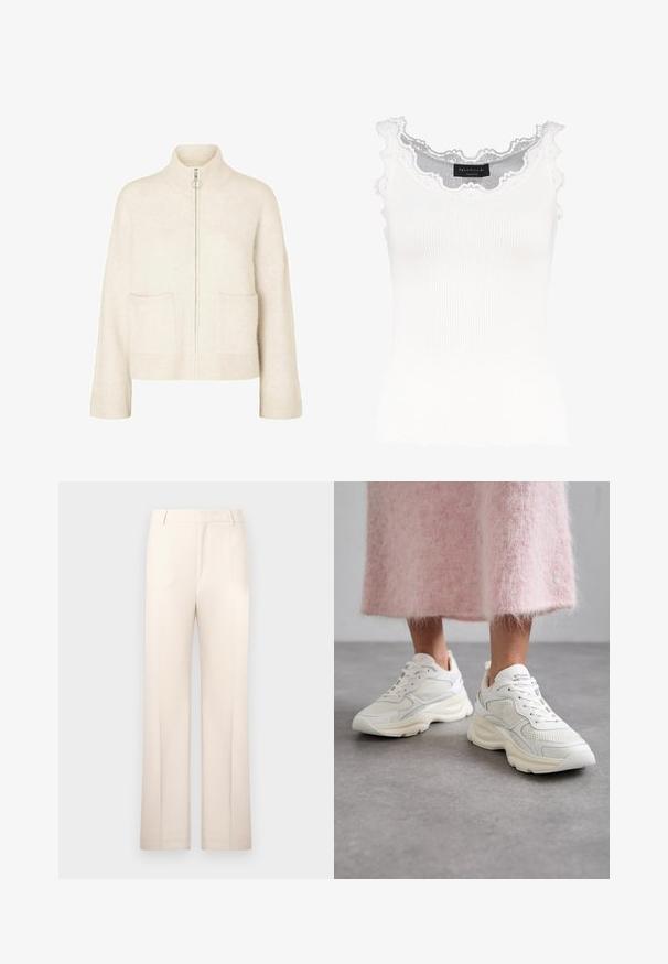 Lühendatud kreemvärvi sviiter kõrge kaelusega, ees lukk ja kaks eesmist taskut. Valmistatud pehmest, kudumist kangast ribakujundustega.; Valge sooniktop lace äärisega kaelusel ja varrukatel. Omab pehmet tekstuuri ja lähedast lõiget. Brändi silt on nähtav seestpoolt.; Kreemjad, sirge lõikega püksid, valmistatud kergest kangast. Omavad eesplekke ja klassikalist vööd.; Valged sneakerid, mis on valmistatud mesh'ist ja nahast, ümarate varvastega ning pehme tallaga. Omavad paelu ja brändinime keeletüübis.