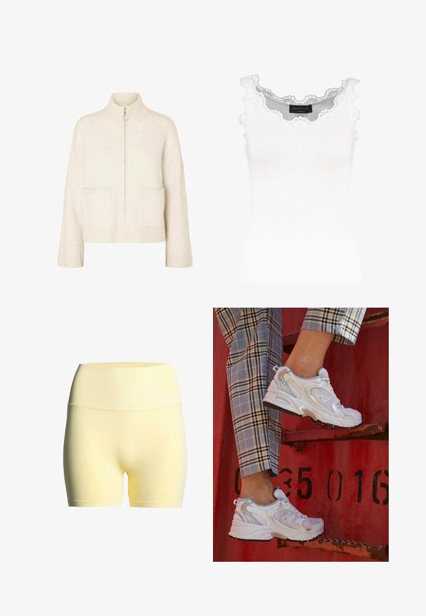 Cropped crèmekleurige sweater met een hoge kraag, rits aan de voorkant en twee voorzakken. Gemaakt van zacht, gebreid materiaal met geribbelde accenten.; Witte geribbelde tanktop met kantafwerking op de halslijn en mouwen. Het heeft een zachte textuur en een fitted vorm. Merklabel zichtbaar aan de binnenkant.; Gele stoffen shorts met een geribbelde tailleband, voorzien van een gladde textuur en een middellange uitstraling, geschikt voor sportkleding of casual kleding.; Witte mesh sneakers met zilveren accenten en een gestructureerde zool, gepositioneerd op een rode ondergrond, gecombineerd met gestreepte broek.