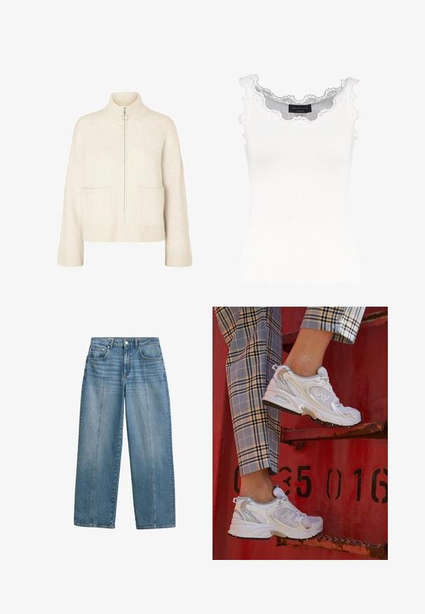 Cropped crèmekleurige sweater met een hoge kraag, rits aan de voorkant en twee voorzakken. Gemaakt van zacht, gebreid materiaal met geribbelde accenten.; Witte geribbelde tanktop met kantafwerking op de halslijn en mouwen. Het heeft een zachte textuur en een fitted vorm. Merklabel zichtbaar aan de binnenkant.; Lichtblauwe denim jeans met een wijde pijp en hoge taille. Kenmerkt zich door het klassieke vijf-pocket ontwerp en gestikte voorpanelen voor extra detail.; Witte mesh sneakers met zilveren accenten en een gestructureerde zool, gepositioneerd op een rode ondergrond, gecombineerd met gestreepte broek.