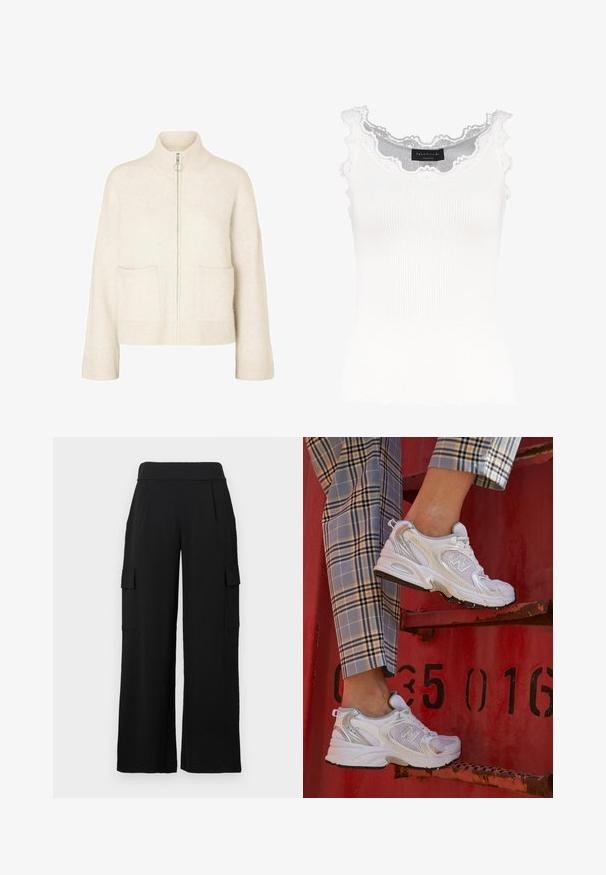 Cropped crèmekleurige sweater met een hoge kraag, rits aan de voorkant en twee voorzakken. Gemaakt van zacht, gebreid materiaal met geribbelde accenten.; Witte geribbelde tanktop met kantafwerking op de halslijn en mouwen. Het heeft een zachte textuur en een fitted vorm. Merklabel zichtbaar aan de binnenkant.; Zwarte cargobroek met een wide-leg design, gemaakt van een glad, rekbaar materiaal. Voorzien van twee zijzakken met kleppen en een hoge tailleband.; Witte mesh sneakers met zilveren accenten en een gestructureerde zool, gepositioneerd op een rode ondergrond, gecombineerd met gestreepte broek.