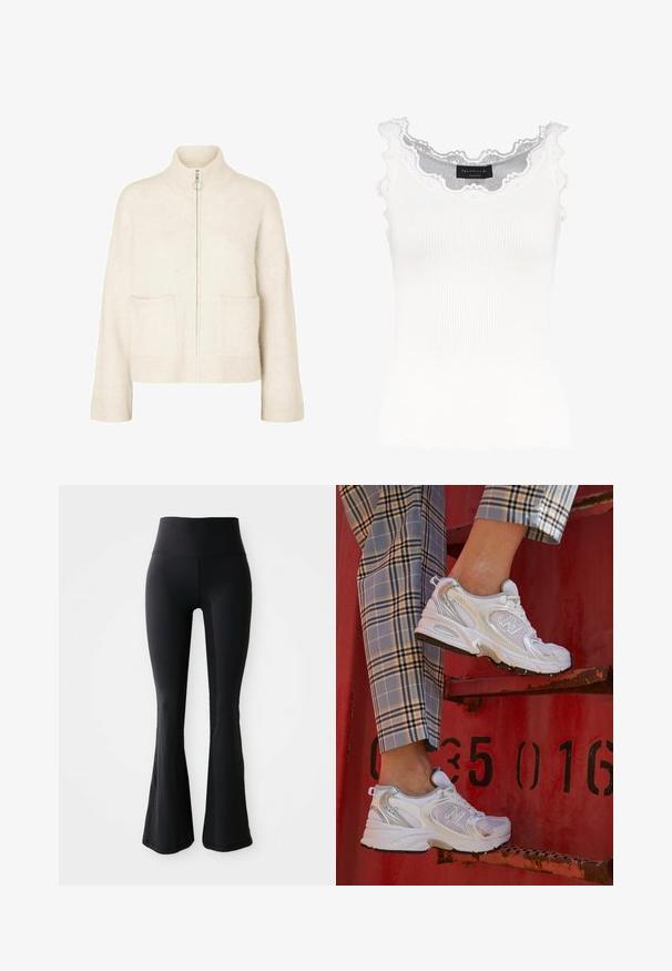 Iškirpta grietinėlės spalvos megztinis su aukštu apykakle, priekiniais užtrauktukais ir dviem priekinėmis kišenėmis. Pagamintas iš minkštos, megztos medžiagos su raunytomis detalėmis.; Baltas reikia marškinėliai su nėriniuotais kraštais apykaklėje ir rankovėse. Turi minkštą tekstūrą ir prigludusią formą. Prekės ženklas matomas viduje.; Juodi išsiplėtę jogos kelnės, pagamintos iš tamprios medžiagos su aukštu juosmeniu, turinčios lygią tekstūrą ir be matomų raštų ar akcentų.; Balti nėriniai sportbačiai su sidabriniais akcentais ir tekstūruota padu, padėti ant raudonos paviršiaus, derinami su languotomis kelnėmis.