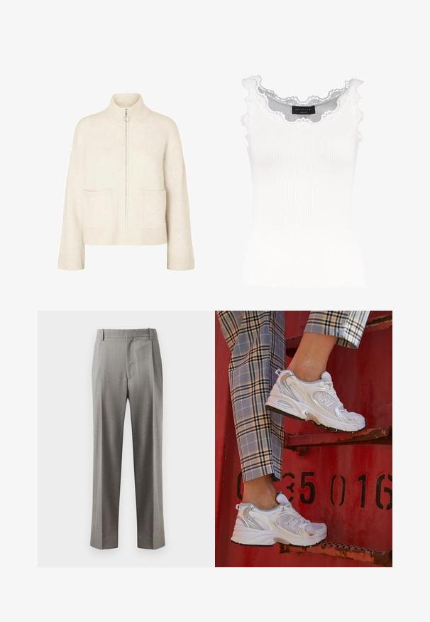 Suéter creme curto com colarinho alto, fecho frontal e dois bolsos à frente. Feito de um tecido de malha suave com detalhes canelados.; Camisola branca de alças com detalhe de renda na gola e nas mangas. Apresenta uma textura suave e um formato ajustado. Etiqueta da marca visível no interior.; Calças cinzas ajustadas com perna reta, frente plana e uma textura de tecido subtil. Projetadas com bolsos laterais e passantes para cinto.; Sapatilhas brancas em malha com detalhes em prata e uma sola texturizada, posicionadas sobre uma superfície vermelha, combinadas com calças à quadrados.