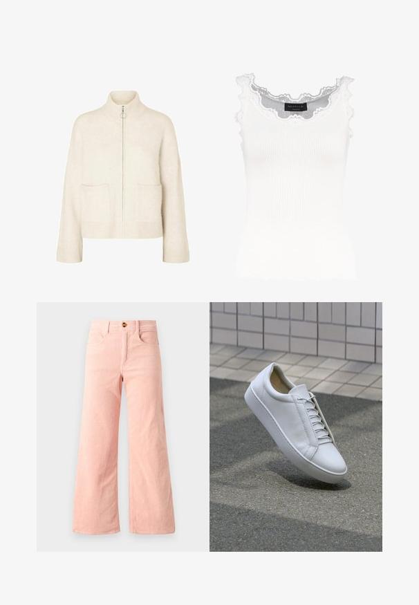 Kratka krema pulover s visokim ovratnikom, sprednjim zadrgo in dvema sprednjima žepoma. Narejen iz mehke pletene tkanine z rebrastimi dodatki.; Bela rebrasta majica bez rukava z čipkastim obodom na izrezu in rokavih. Ima mehko teksturo in prilegajočo obliko. Znamka vidna znotraj.; Roza kordurojske hlače širokega kroja z rebrasto teksturo, ki vključujejo dva sprednja žepa in kovinski gumb za zapiranje.; Bela usnjena teniska z okroglo konico, ravnim podplatom in šestimi pari lukenj za vezalke. Gladka tekstura in minimalističen dizajn s detajli šivanja.