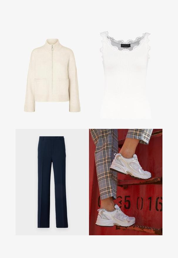 Pull crème court avec col montant, fermeture éclair avant et deux poches avant. Fabriqué en tissu tricoté doux avec des accents côtelés.; Débardeur blanc à côtes avec dentelle au niveau de l'encolure et des manches. Présente une texture douce et une coupe ajustée. Étiquette de la marque visible à l'intérieur.; Pantalons bleu marine en tissu lisse, présentant un design à jambe droite avec des plis avant et des poches latérales pour une allure soignée.; Baskets blanches en mesh avec des accents argentés et une semelle texturée, posées sur une surface rouge, assorties à un pantalon à carreaux.