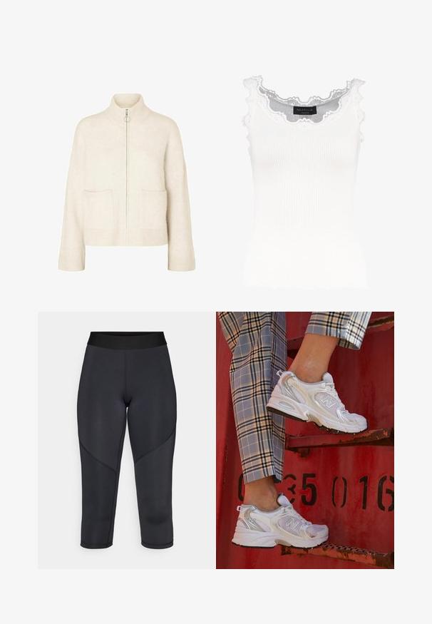 Cropped cream sweater with a high collar, front zipper, and two front pockets. Made of soft, knitted fabric with ribbed accents.; White ribbed tank top with lace trim on the neckline and sleeves. Features a soft texture and fitted shape. Brand label visible inside.; Black three-quarter length leggings made of stretchy fabric, featuring a smooth texture, high waistband, and curved seam detailing.; White mesh sneakers with silver accents and a textured sole, positioned on a red surface, paired with plaid trousers.