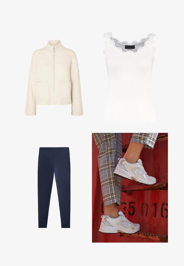 Kratka krema pulover s visokim ovratnikom, sprednjim zadrgo in dvema sprednjima žepoma. Narejen iz mehke pletene tkanine z rebrastimi dodatki.; Bela rebrasta majica bez rukava z čipkastim obodom na izrezu in rokavih. Ima mehko teksturo in prilegajočo obliko. Znamka vidna znotraj.; Temno modre leggins hlače iz raztegljivega, gladkega materiala z visokim pasom. Oblikovane so tako, da se tesno prilegajo in segajo do gležnjev.; Bele mrežne superge s srebrnimi detajli in teksturirano podplatom, postavljene na rdeči površini, v kombinaciji s karirastimi hlačami.