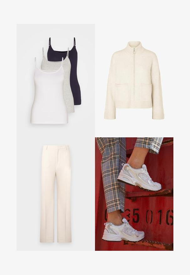 Pull crème court avec col montant, fermeture éclair avant et deux poches avant. Fabriqué en tissu tricoté doux avec des accents côtelés.; Trois débardeurs en blanc, gris et bleu marine foncé. Fabriqués en coton doux, présentant des bretelles fines et une coupe ajustée sans embellissements.; Pantalons beige ajustés avec une coupe droite, fabriqués en tissu léger. Dotés de plis avant et d'une taille classique.; Baskets blanches en mesh avec des accents argentés et une semelle texturée, posées sur une surface rouge, assorties à un pantalon à carreaux.