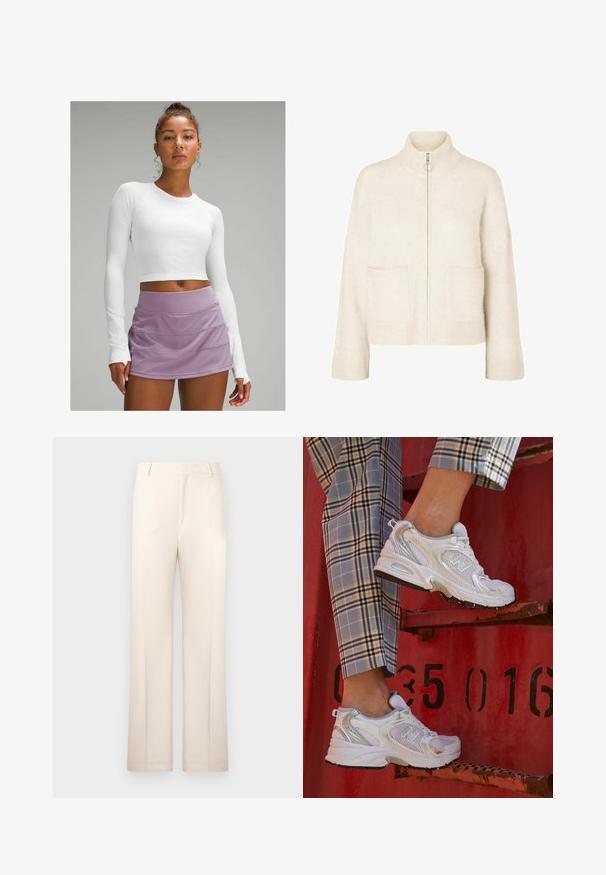 Pulover scurt de crem cu guler înalt, fermoar frontal și două buzunare în față. Confecționat dintr-o țesătură moale, tricotată, cu accente cu dungi.; Top crop alb cu mâneci lungi din țesătură texturată, asortat cu o fustă sportivă lavandă, stratificată. Design neted, ajustat, fără modele vizibile.; Pantaloni bej, croiți pe linie dreaptă, realizati dintr-un material ușor. Prezintă pliuri frontale și o talie clasică.; Adidași albi din plasă cu accente argintii și o talpă texturată, așezați pe o suprafață roșie, asociați cu pantaloni în carouri.