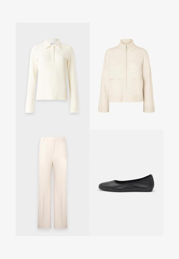 Iškirpta grietinėlės spalvos megztinis su aukštu apykakle, priekiniais užtrauktukais ir dviem priekinėmis kišenėmis. Pagamintas iš minkštos, megztos medžiagos su raunytomis detalėmis.; Kreminė smulkiai raukšlėta ilgomis rankovėmis polo maikė su apykakle ir trimis mygtukais. Išskirtinėm rankogaliais ir minkšta, tekstūruota medžiaga.; Bežinės prisiūtos kelnės su tiesiomis kojomis, pagamintos iš lengvos medžiagos. Yra priekiniai klostės ir klasikinis liemuo.; Juodai odiniai baletai su apvaliu pirštu, lygi texture, minimalus siuvimo detales ir lanksčiu padų dizainu.