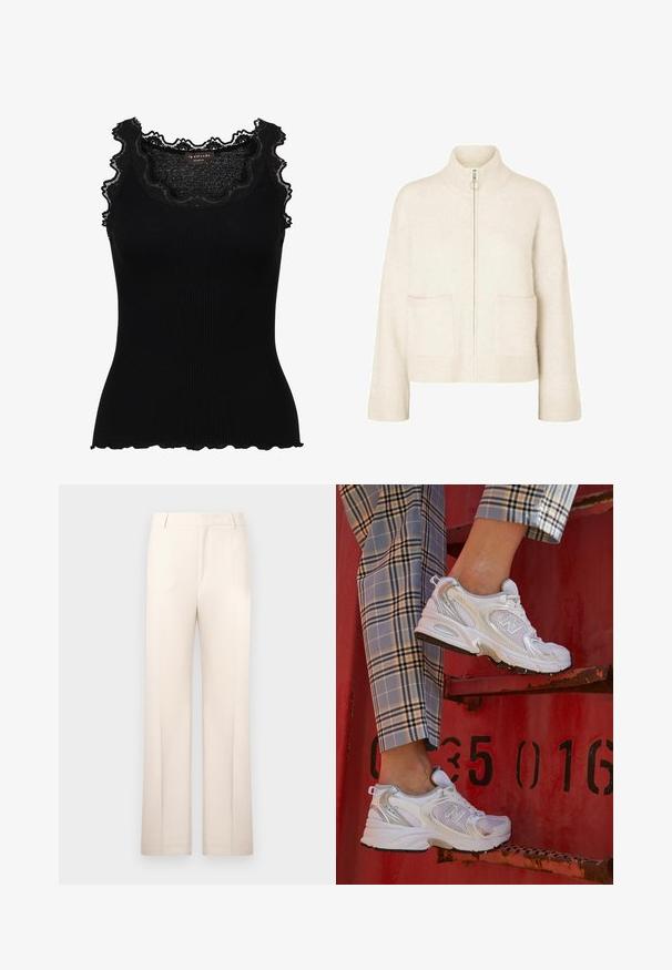 Korte kremfarger genser med høy krage, glidelås foran og to lommer foran. Laget av mykt, strikket stoff med ribbede detaljer.; Svart ribbet tanktopp med blondebesetning ved halsen og armhulene. Har en tettsittende design og skjellformede kanter for ekstra tekstur.; Beige skreddersydde bukser med rette ben, laget av lett stoff. Har frontfolder og en klassisk midje.; Hvite nett sneakers med sølv detaljer og en teksturert såle, plassert på en rød overflate, i kombinasjon med rutete bukser.